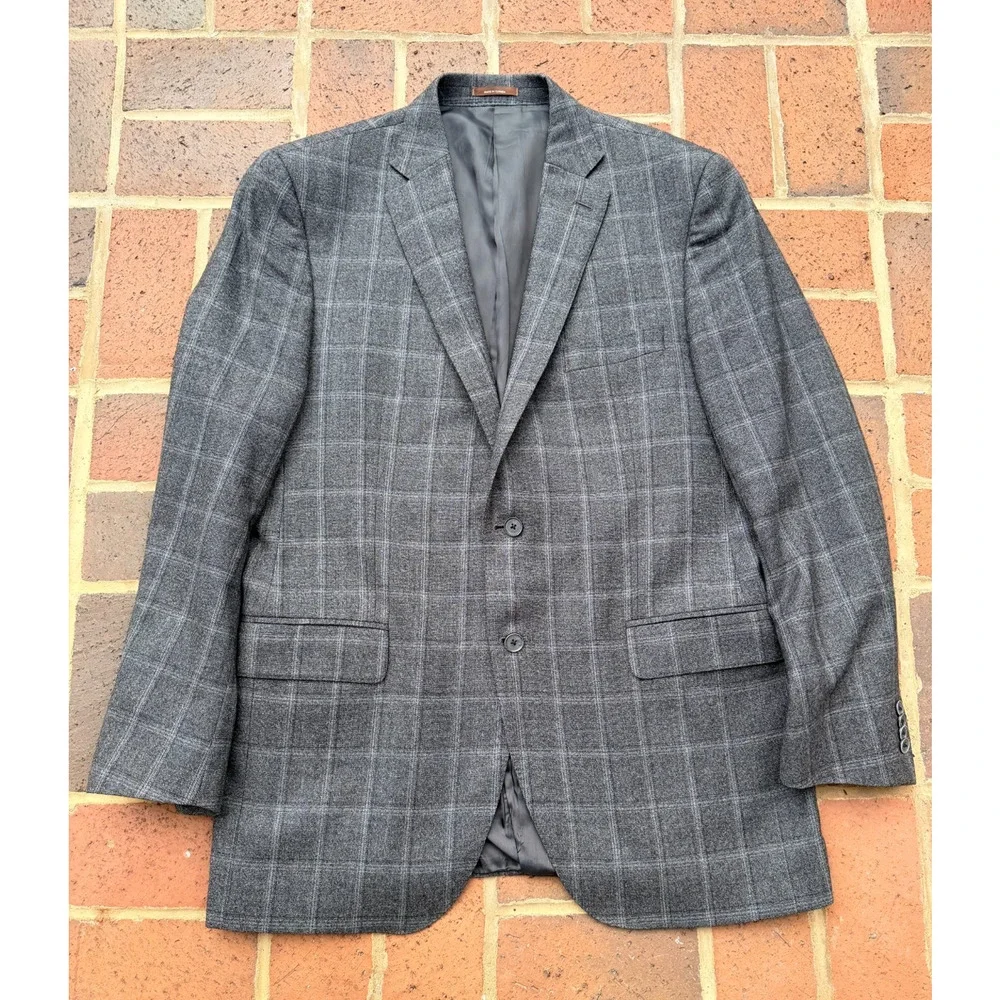 Peter Millar Sport Coat Mens 44T Gray Wool Check Two Button Blazer Business